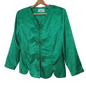 Vintage Lady Carol Petites Medium Blouse Green Satin Asian Snakeskin Print Snap